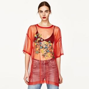 Zara Red Mesh Floral Embroidered Top, Sz S (NWOT)
